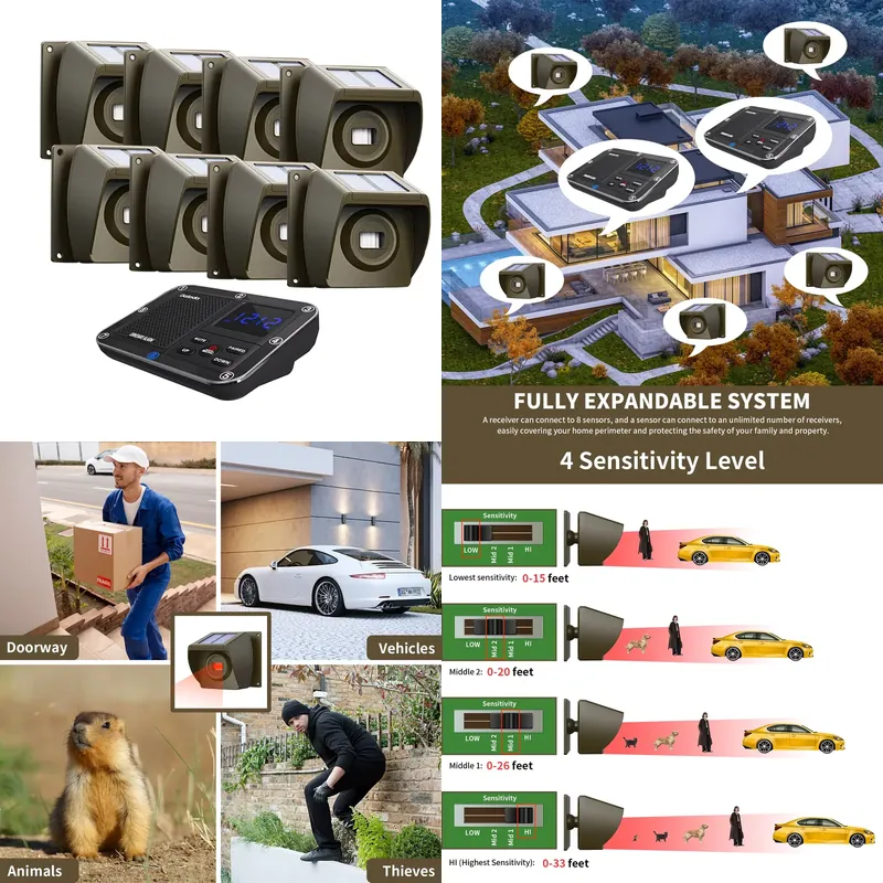 Home Security System - 屋外ソーラー発電式ワイヤレス私道警報システム、PIRモーションセンサー付き、家庭および農場のセキュリティ用、受信機1台、センサー8個