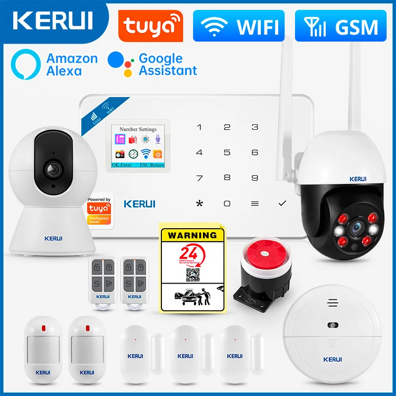 Home Security And Camera System - KERUI W181アラームシステムセキュリティホームWIFI GSMアラームTuyaスマートモーション検知器ドアセンサー盗難IPカメラAlexa Google対応