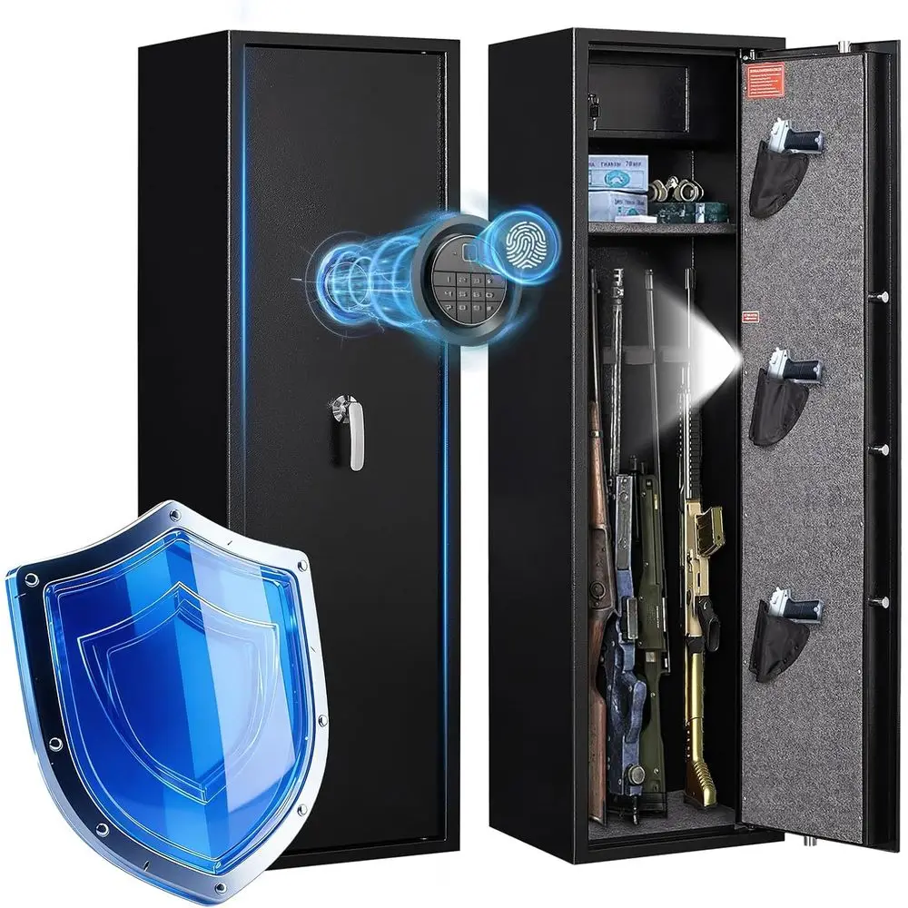 Home Security Safe - 生体認証指紋セーフティボックス - 8～10丁の銃とピストルを収納可能、ホームセキュリティ、クイックアクセス、盗難防止アラーム、取り外し可能な棚、再利用可能