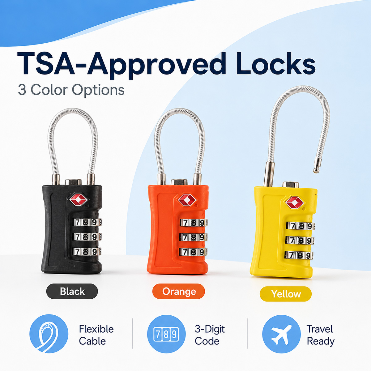 TSA承認済み荷物ロック 3桁コンビネーションケーブル南京錠 - Home Security Locks のレビューと価格