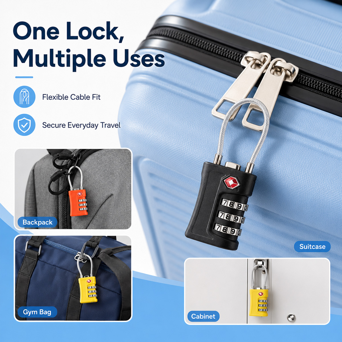 TSA承認済み荷物ロック 3桁コンビネーションケーブル南京錠 - Home Security Locks のレビューと価格